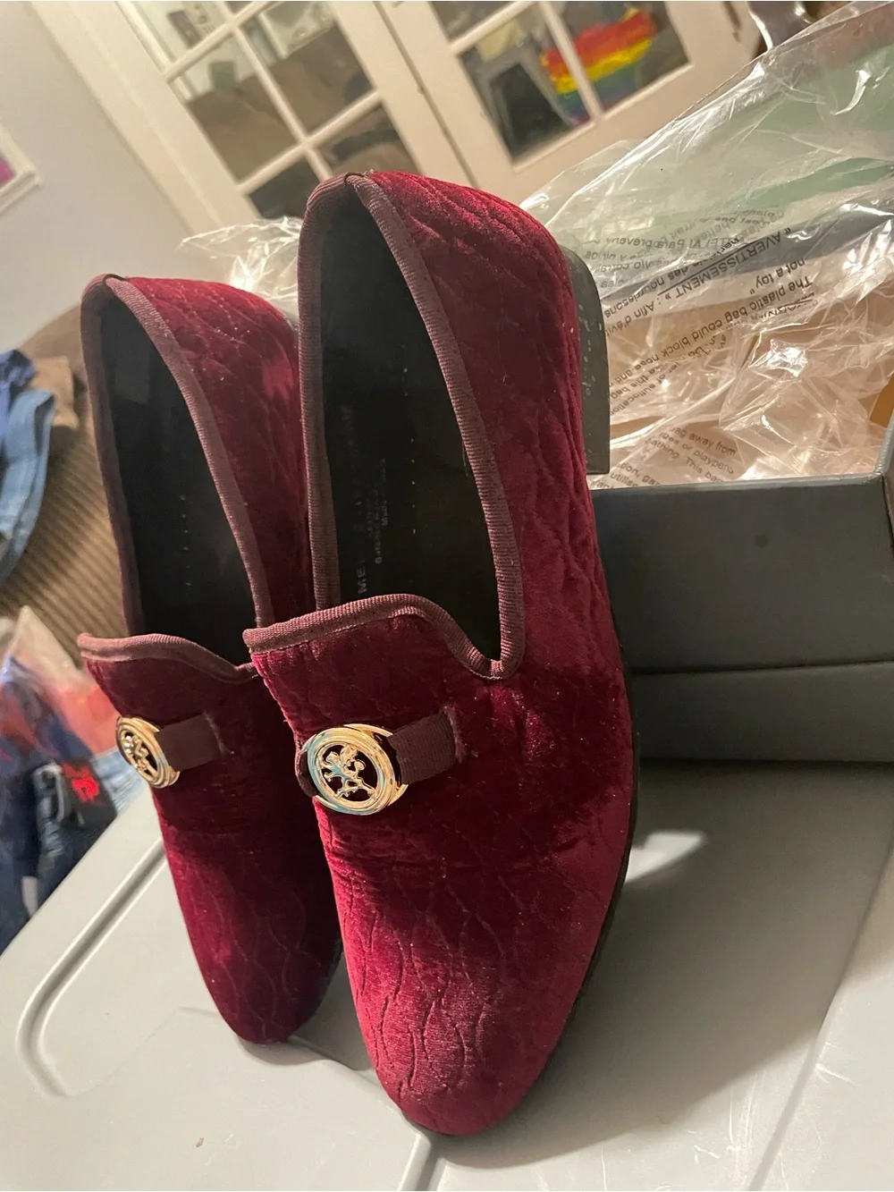 Stacy Adams Men's Quilted Velvet Slip-Ons in Deep Wine